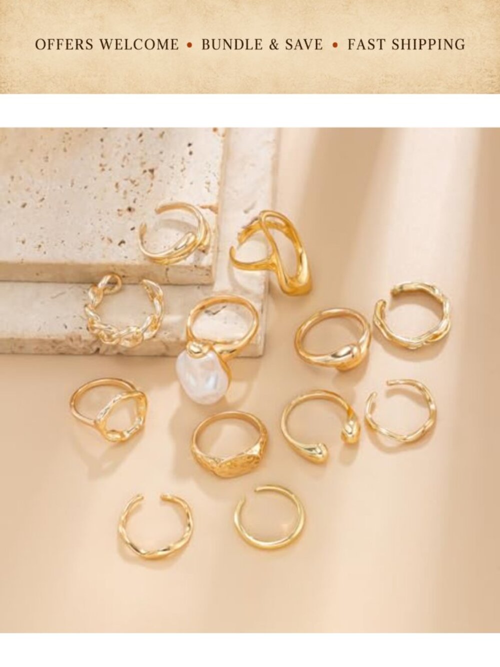 Chunky Pearl Rings Set Open Adjustable Stacking Rings - Picture 5 of 6